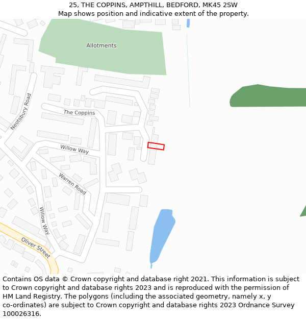 25, THE COPPINS, AMPTHILL, BEDFORD, MK45 2SW: Location map and indicative extent of plot