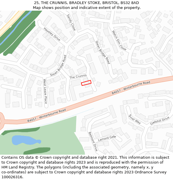 25, THE CRUNNIS, BRADLEY STOKE, BRISTOL, BS32 8AD: Location map and indicative extent of plot