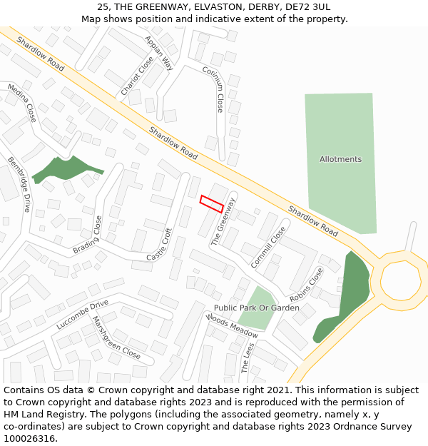25, THE GREENWAY, ELVASTON, DERBY, DE72 3UL: Location map and indicative extent of plot