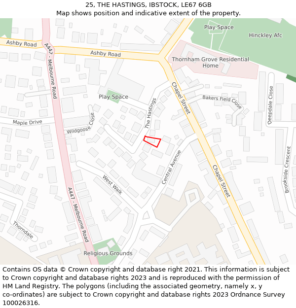 25, THE HASTINGS, IBSTOCK, LE67 6GB: Location map and indicative extent of plot