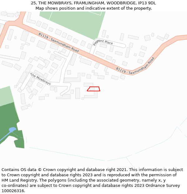 25, THE MOWBRAYS, FRAMLINGHAM, WOODBRIDGE, IP13 9DL: Location map and indicative extent of plot