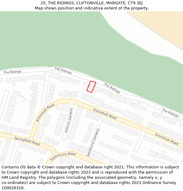 25, THE RIDINGS, CLIFTONVILLE, MARGATE, CT9 3EJ: Location map and indicative extent of plot