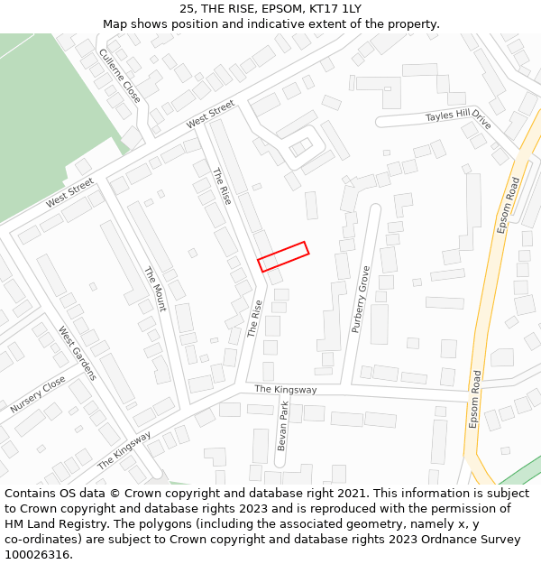 25, THE RISE, EPSOM, KT17 1LY: Location map and indicative extent of plot