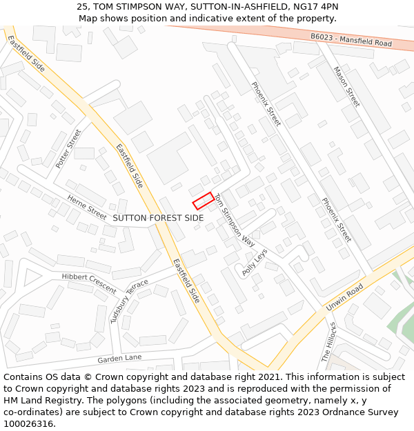 25, TOM STIMPSON WAY, SUTTON-IN-ASHFIELD, NG17 4PN: Location map and indicative extent of plot