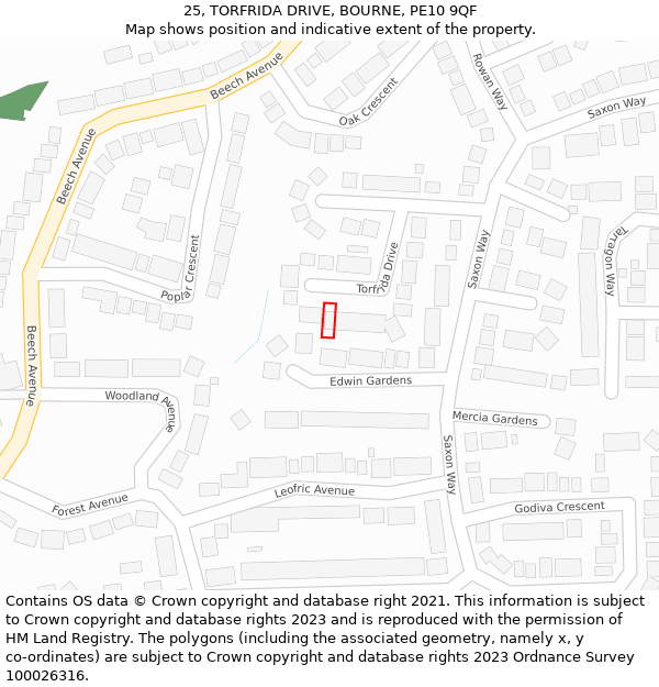 25, TORFRIDA DRIVE, BOURNE, PE10 9QF: Location map and indicative extent of plot