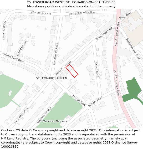 25, TOWER ROAD WEST, ST LEONARDS-ON-SEA, TN38 0RJ: Location map and indicative extent of plot