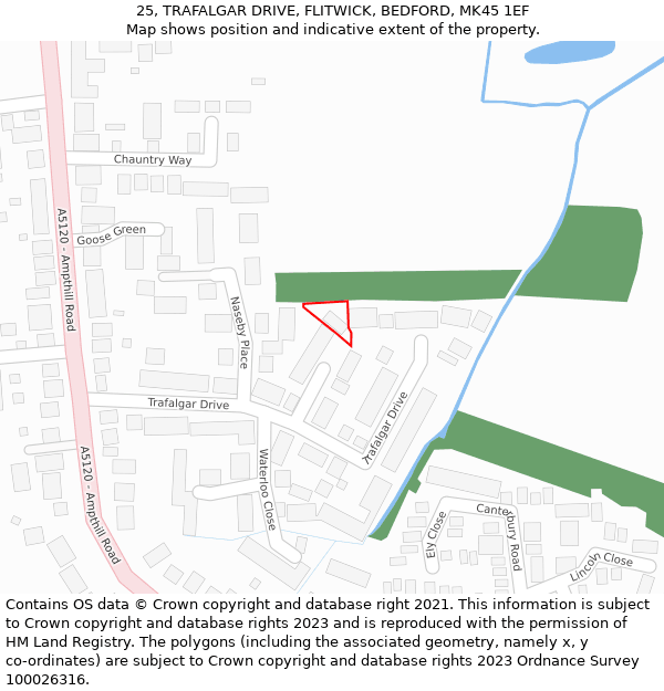 25, TRAFALGAR DRIVE, FLITWICK, BEDFORD, MK45 1EF: Location map and indicative extent of plot