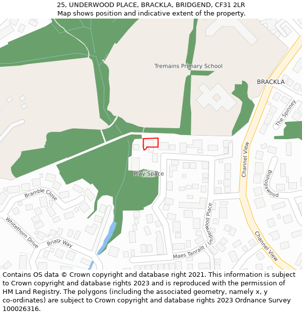 25, UNDERWOOD PLACE, BRACKLA, BRIDGEND, CF31 2LR: Location map and indicative extent of plot