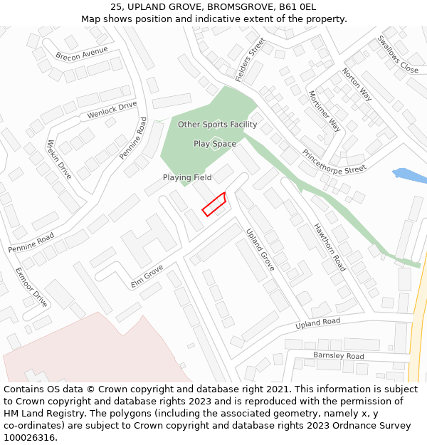 25, UPLAND GROVE, BROMSGROVE, B61 0EL: Location map and indicative extent of plot