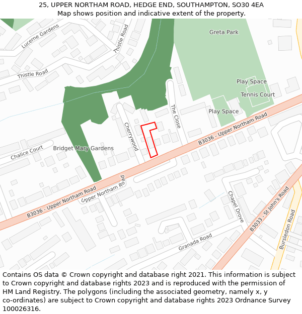 25, UPPER NORTHAM ROAD, HEDGE END, SOUTHAMPTON, SO30 4EA: Location map and indicative extent of plot