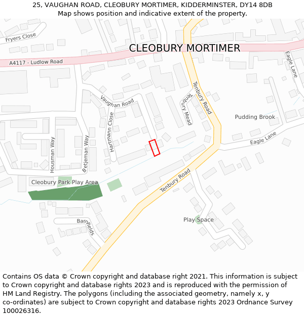 25, VAUGHAN ROAD, CLEOBURY MORTIMER, KIDDERMINSTER, DY14 8DB: Location map and indicative extent of plot