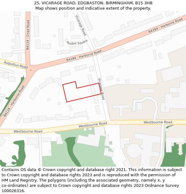 25, VICARAGE ROAD, EDGBASTON, BIRMINGHAM, B15 3HB: Location map and indicative extent of plot