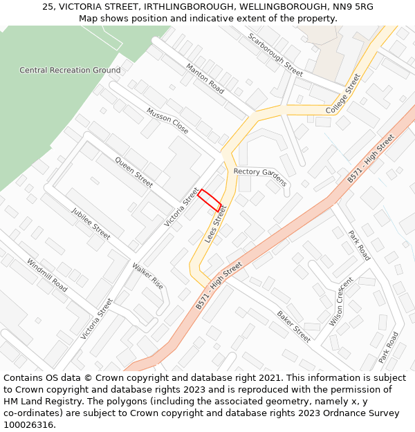 25, VICTORIA STREET, IRTHLINGBOROUGH, WELLINGBOROUGH, NN9 5RG: Location map and indicative extent of plot