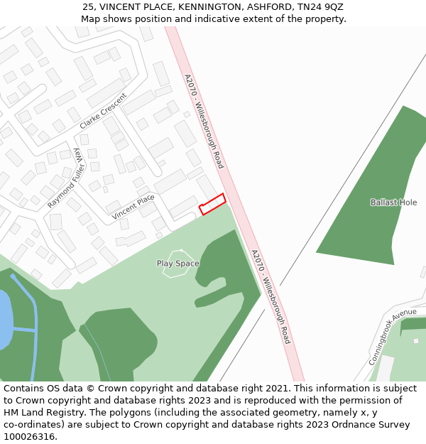 25, VINCENT PLACE, KENNINGTON, ASHFORD, TN24 9QZ: Location map and indicative extent of plot