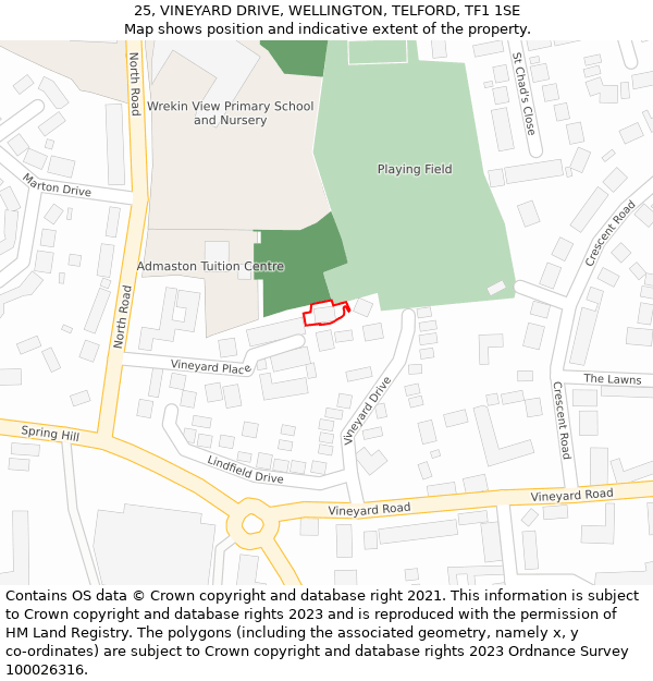 25, VINEYARD DRIVE, WELLINGTON, TELFORD, TF1 1SE: Location map and indicative extent of plot
