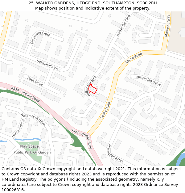 25, WALKER GARDENS, HEDGE END, SOUTHAMPTON, SO30 2RH: Location map and indicative extent of plot