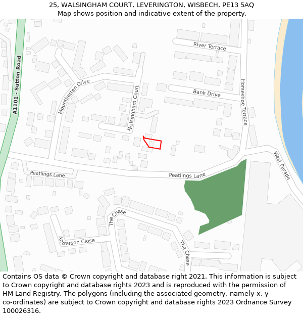 25, WALSINGHAM COURT, LEVERINGTON, WISBECH, PE13 5AQ: Location map and indicative extent of plot