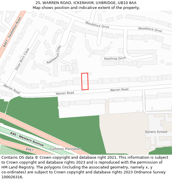 25, WARREN ROAD, ICKENHAM, UXBRIDGE, UB10 8AA: Location map and indicative extent of plot
