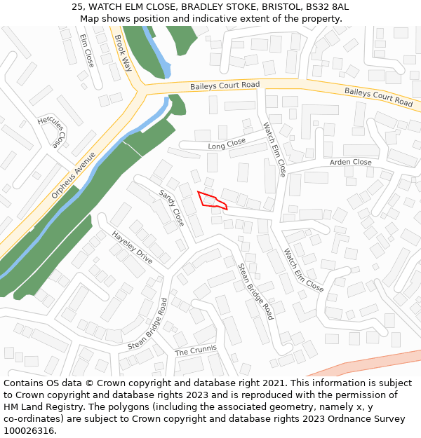 25, WATCH ELM CLOSE, BRADLEY STOKE, BRISTOL, BS32 8AL: Location map and indicative extent of plot