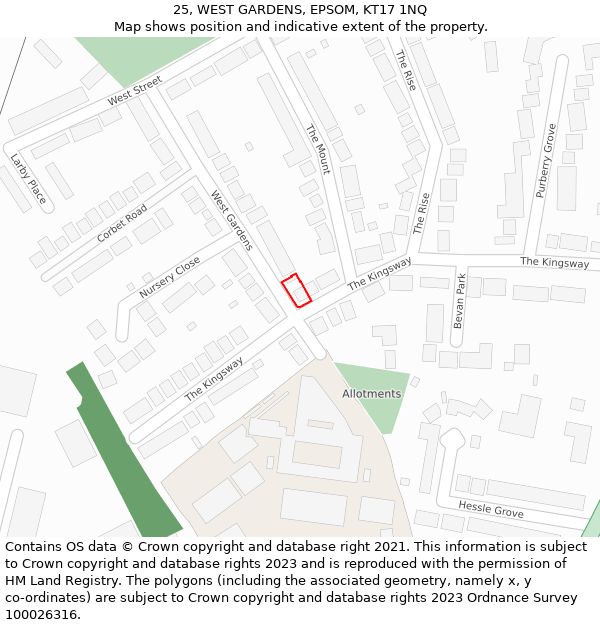 25, WEST GARDENS, EPSOM, KT17 1NQ: Location map and indicative extent of plot