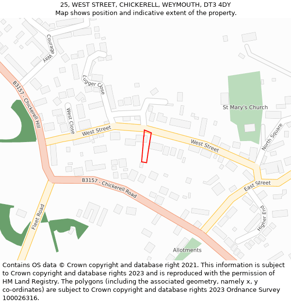 25, WEST STREET, CHICKERELL, WEYMOUTH, DT3 4DY: Location map and indicative extent of plot