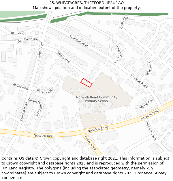 25, WHEATACRES, THETFORD, IP24 1AQ: Location map and indicative extent of plot
