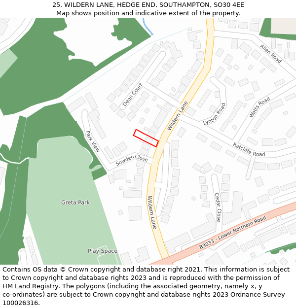25, WILDERN LANE, HEDGE END, SOUTHAMPTON, SO30 4EE: Location map and indicative extent of plot