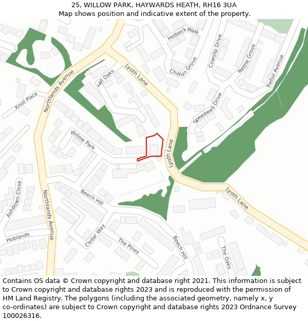 25, WILLOW PARK, HAYWARDS HEATH, RH16 3UA: Location map and indicative extent of plot