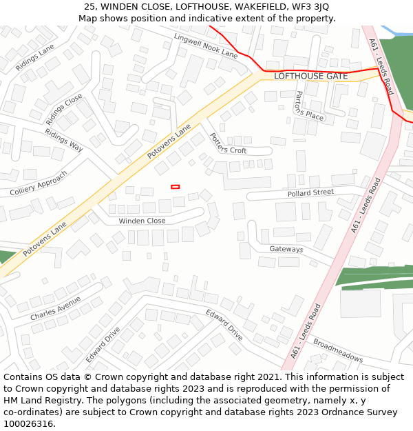 25, WINDEN CLOSE, LOFTHOUSE, WAKEFIELD, WF3 3JQ: Location map and indicative extent of plot