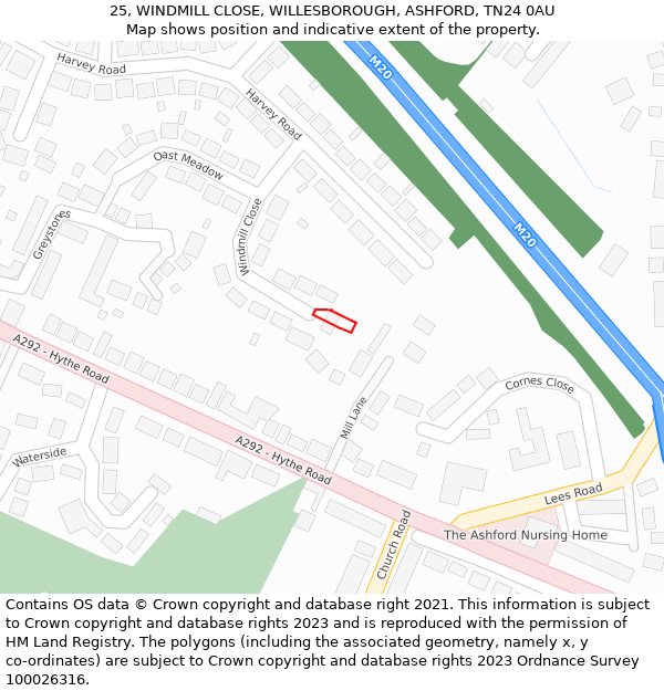 25, WINDMILL CLOSE, WILLESBOROUGH, ASHFORD, TN24 0AU: Location map and indicative extent of plot