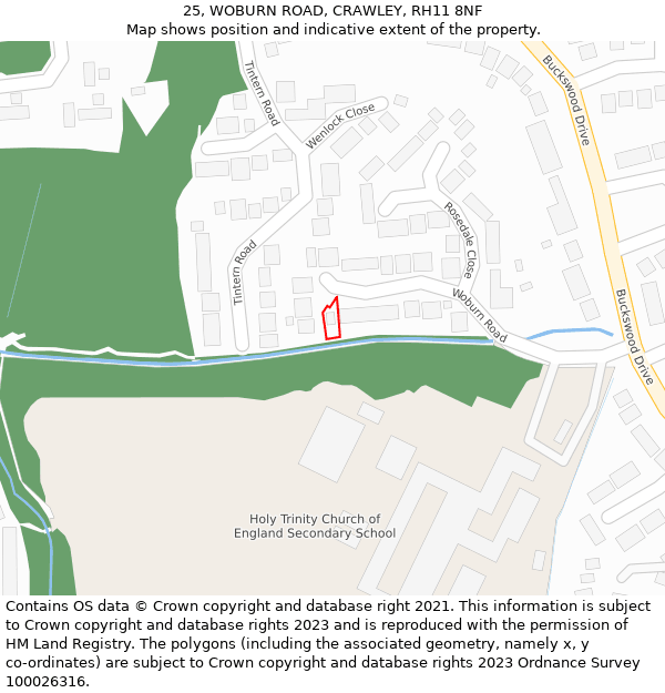 25, WOBURN ROAD, CRAWLEY, RH11 8NF: Location map and indicative extent of plot