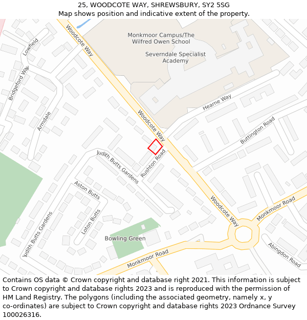 25, WOODCOTE WAY, SHREWSBURY, SY2 5SG: Location map and indicative extent of plot