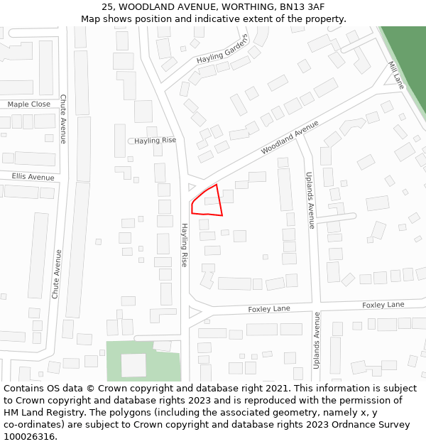 25, WOODLAND AVENUE, WORTHING, BN13 3AF: Location map and indicative extent of plot