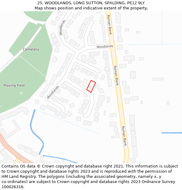 25, WOODLANDS, LONG SUTTON, SPALDING, PE12 9LY: Location map and indicative extent of plot