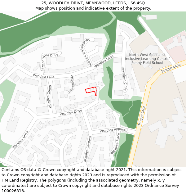 25, WOODLEA DRIVE, MEANWOOD, LEEDS, LS6 4SQ: Location map and indicative extent of plot