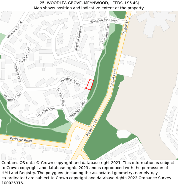 25, WOODLEA GROVE, MEANWOOD, LEEDS, LS6 4SJ: Location map and indicative extent of plot