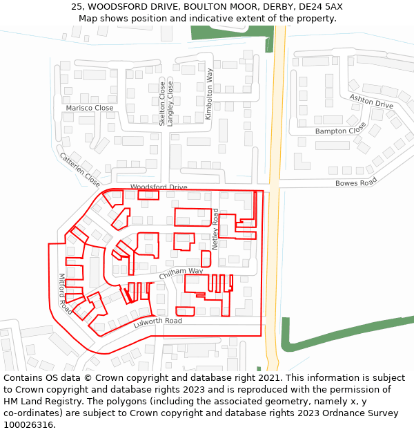 25, WOODSFORD DRIVE, BOULTON MOOR, DERBY, DE24 5AX: Location map and indicative extent of plot
