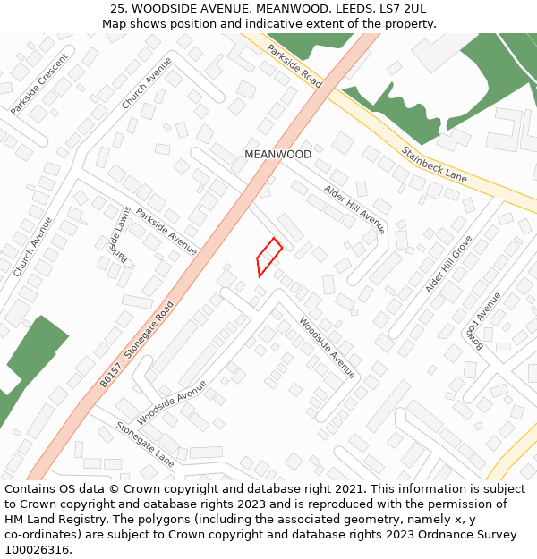 25, WOODSIDE AVENUE, MEANWOOD, LEEDS, LS7 2UL: Location map and indicative extent of plot