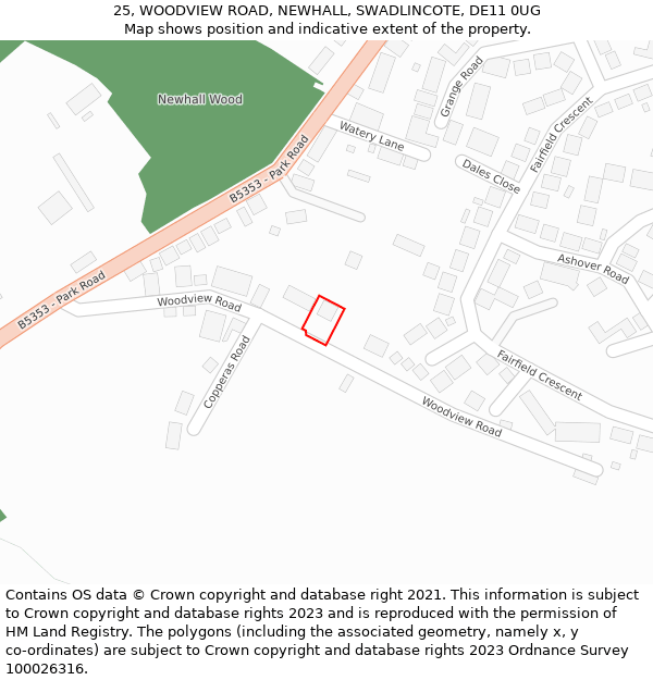 25, WOODVIEW ROAD, NEWHALL, SWADLINCOTE, DE11 0UG: Location map and indicative extent of plot