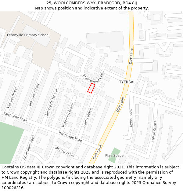 25, WOOLCOMBERS WAY, BRADFORD, BD4 8JJ: Location map and indicative extent of plot