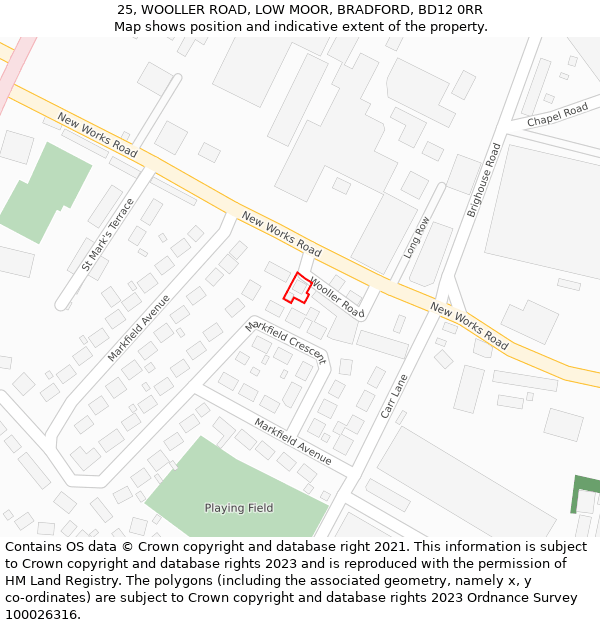 25, WOOLLER ROAD, LOW MOOR, BRADFORD, BD12 0RR: Location map and indicative extent of plot