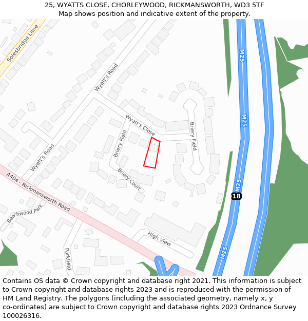 25, WYATTS CLOSE, CHORLEYWOOD, RICKMANSWORTH, WD3 5TF: Location map and indicative extent of plot