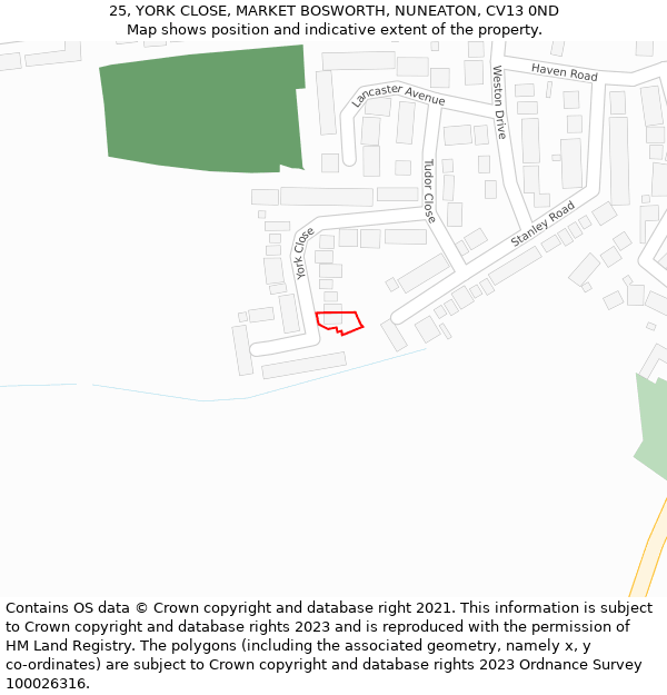 25, YORK CLOSE, MARKET BOSWORTH, NUNEATON, CV13 0ND: Location map and indicative extent of plot