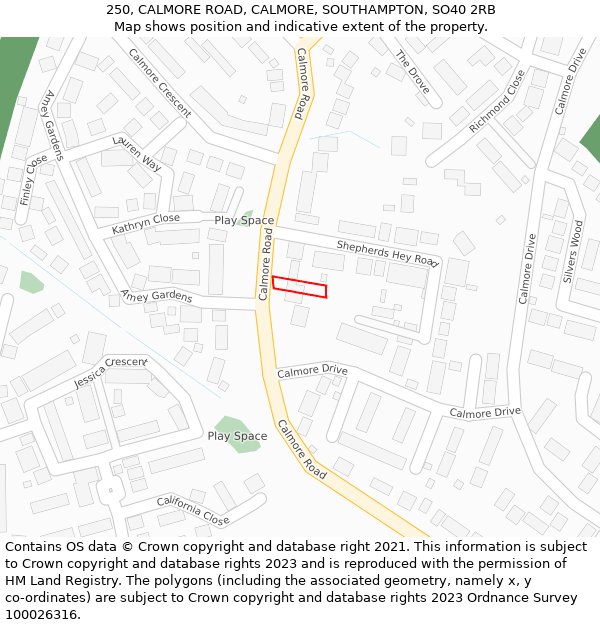 250, CALMORE ROAD, CALMORE, SOUTHAMPTON, SO40 2RB: Location map and indicative extent of plot