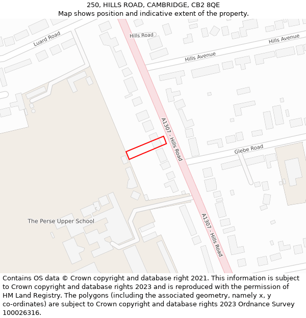 250, HILLS ROAD, CAMBRIDGE, CB2 8QE: Location map and indicative extent of plot