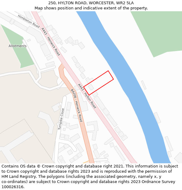 250, HYLTON ROAD, WORCESTER, WR2 5LA: Location map and indicative extent of plot