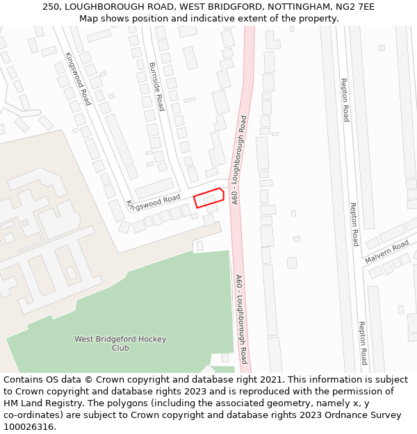 250, LOUGHBOROUGH ROAD, WEST BRIDGFORD, NOTTINGHAM, NG2 7EE: Location map and indicative extent of plot