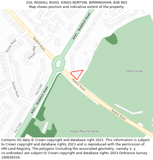 250, REDHILL ROAD, KINGS NORTON, BIRMINGHAM, B38 9DS: Location map and indicative extent of plot