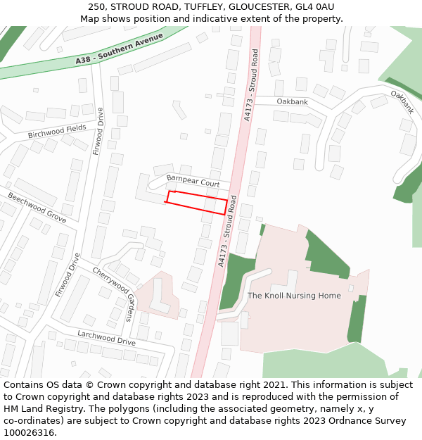250, STROUD ROAD, TUFFLEY, GLOUCESTER, GL4 0AU: Location map and indicative extent of plot