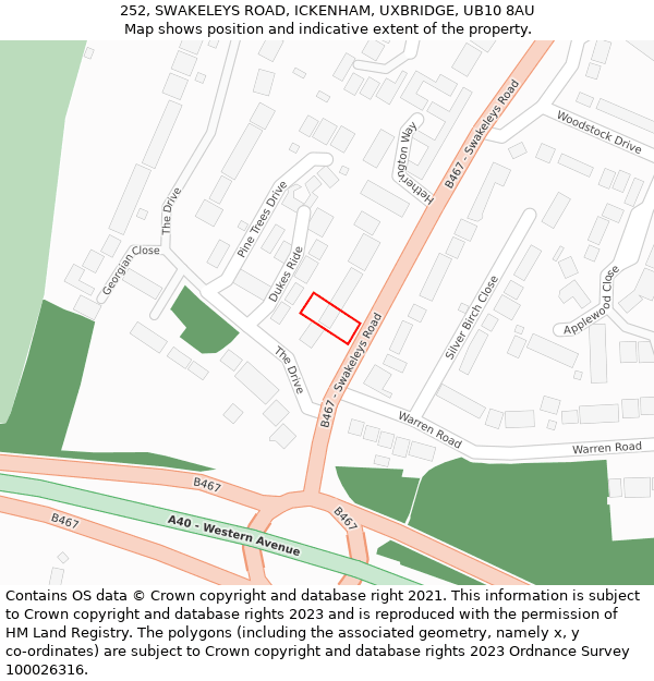 252, SWAKELEYS ROAD, ICKENHAM, UXBRIDGE, UB10 8AU: Location map and indicative extent of plot